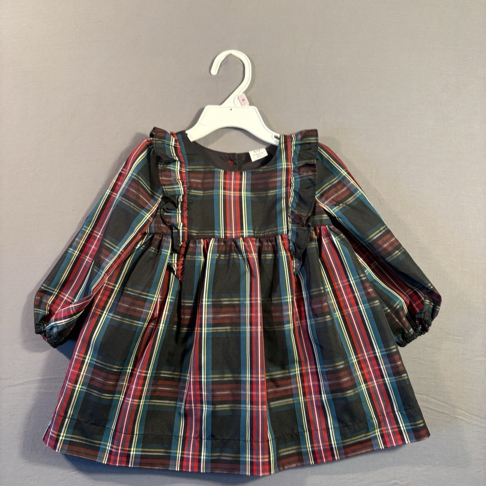 GAP BABY GIRL'S HOLIDAY RED TARTAN PLAID LONG SLEEVE RUFFLE TAFFETA DRESS- 3T